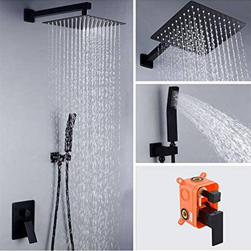Black 12 Inch Square Wall Mounted Rainfall Shower Head System