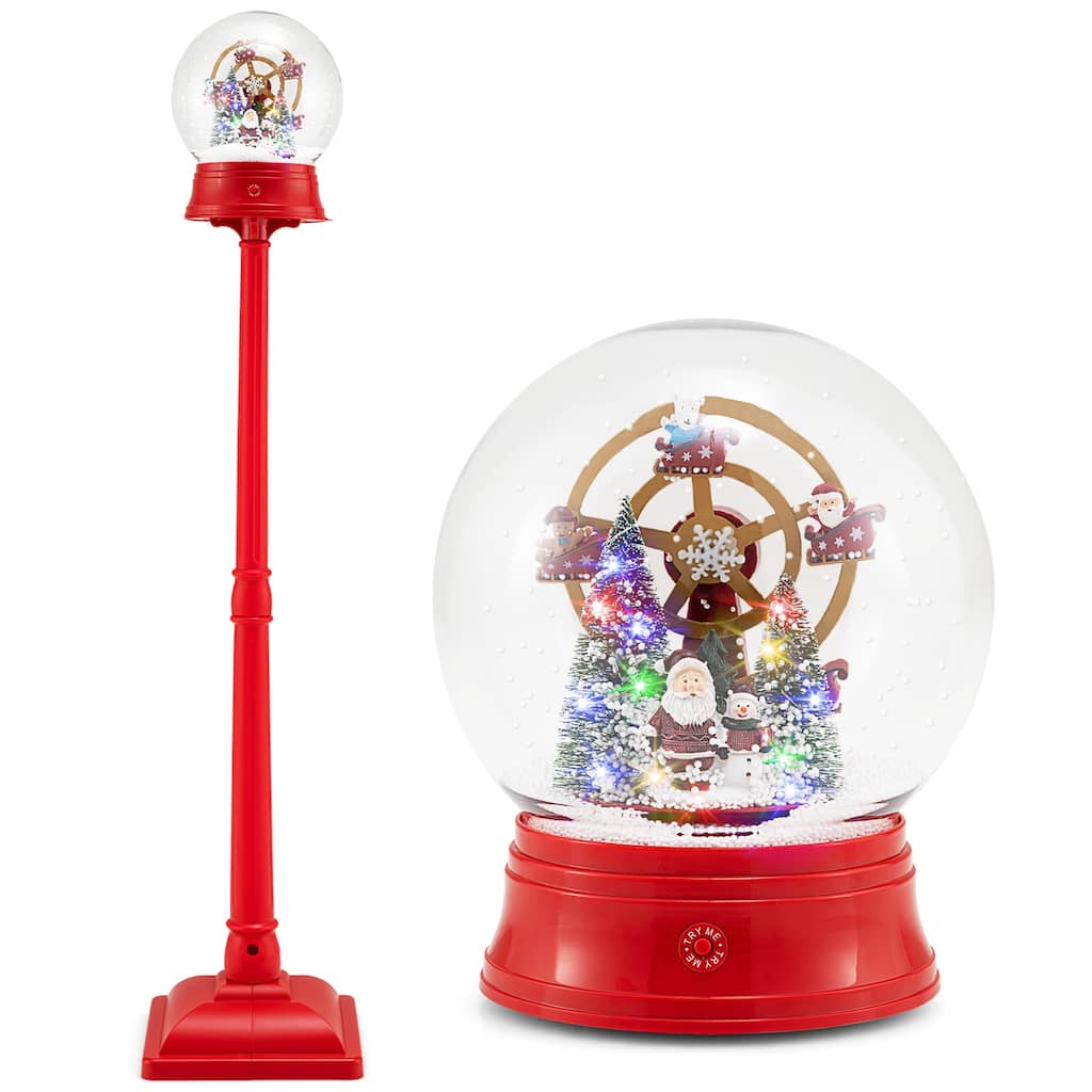 5 Feet Red Festive Street Lamp with Rotating Ferris Wheel and Snow Globe Lantern and Holiday Music - 12.5" x 12.5" x 60.5"