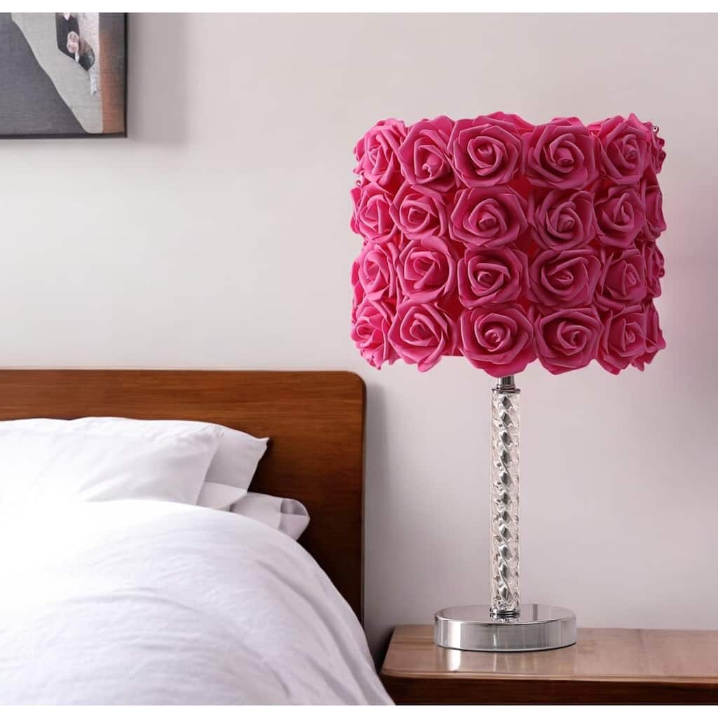 HomeRoots Silver Bedside Led Table Lamp With Red Flowers Drum Shade - Small