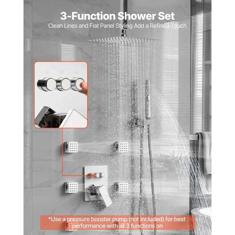 Chrome 3-Function Rainfall Shower System with 6 Body Jets and Handheld Spray for Home Spa - 10 Inch
