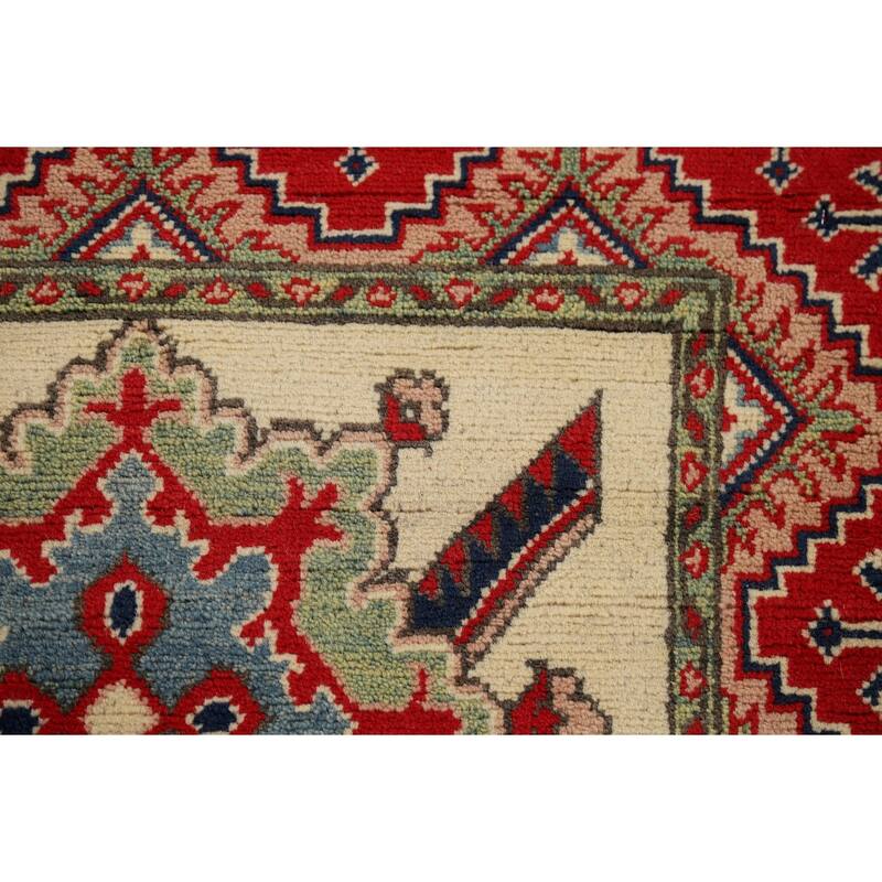 Hand Knotted Oriental 100% Wool Carpet Traditional Geometric Beige & Ivories Kazak Runner Rug - 12' 8'' X 2' 9''