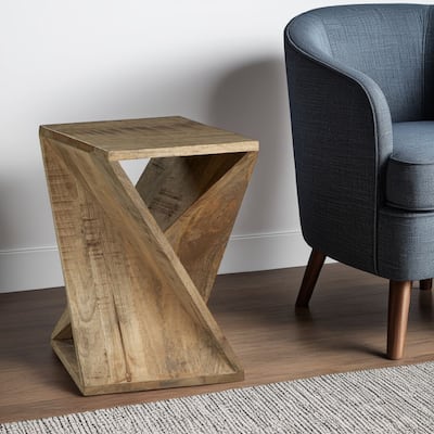 Axoi Accent Side End Table, Solid Wood Twist, 14 Inch Distressed Brown