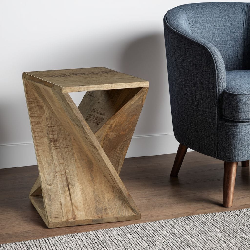 Axoi Accent Side End Table, Solid Wood Twist, 14 Inch Distressed Brown