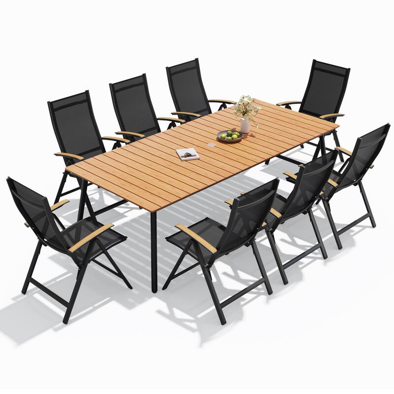 9-Piece Outdoor Patio Dining Set WPC Table Top Alumium Umbrella Hole Table with Folding Armrest Chairs - Brown