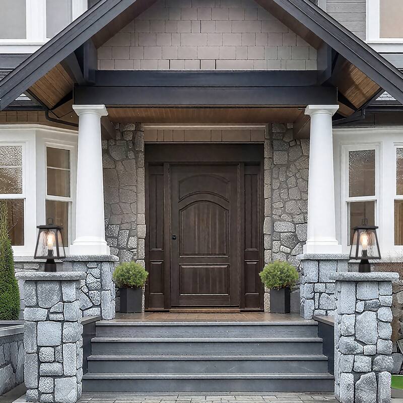 Modern Farmhouse 1-Light Outdoor Post Light Black Lantern with Water Ripple Clear Glass - W 6.7" x H 14.6"