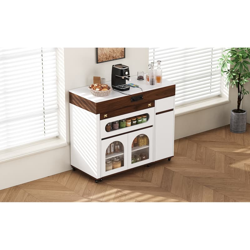 Rolling Kitchen Island with Extendable Table, Drawers, Power Outlet and Brake lock, Storage Cabinet - Walnut