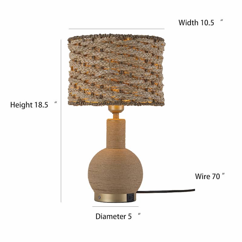 Amber 19" Rattan Table Lamp with USB 3-Way Touch Dimmer