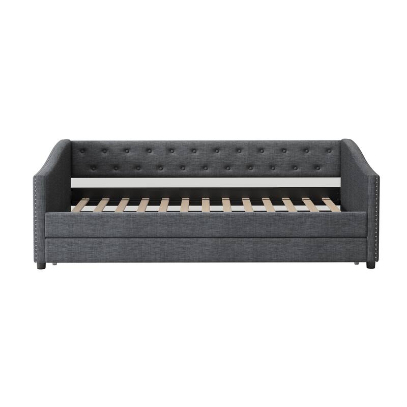 Linen Tufted Daybed with Trundle, Upholstered Platform Sofa Bed Frame, Wooden Slat Support