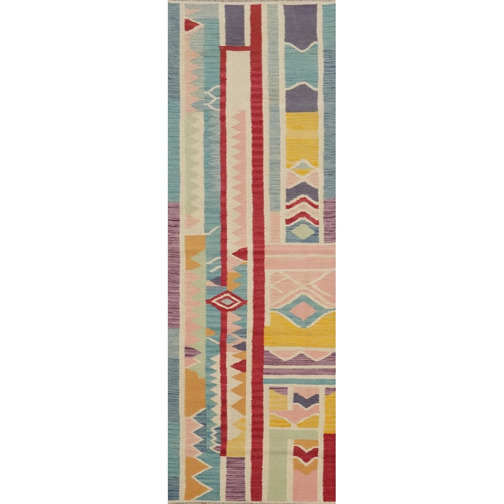 Hand Woven Oriental 100% Wool Carpet Southwestern Modern Multi-Colored Kilim Runner Rug - 8' 2'' X 2' 1''