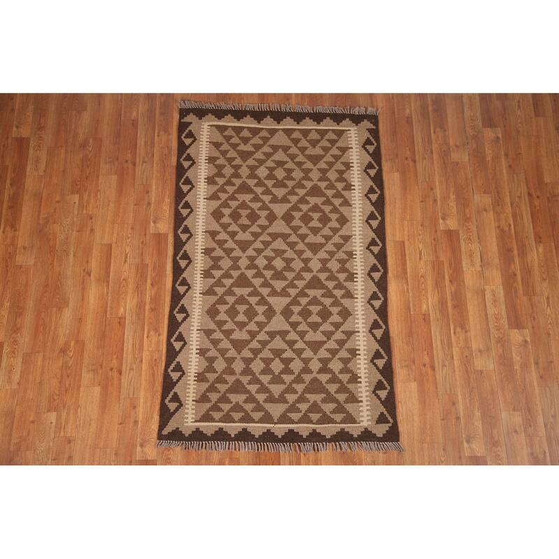 Brown Kilim Rug Hand-woven Geometric Wool Foyer Carpet - 3'2" x 5'2"