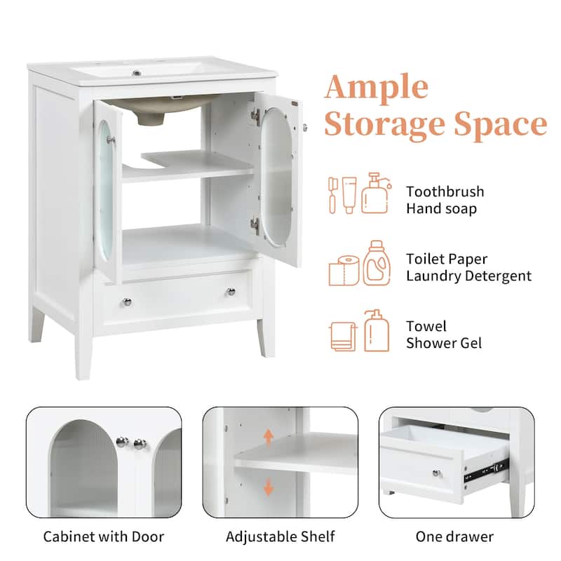 Bathroom Vanity with Sink, Vanity Set with 1 Drawer and 2 Glass Doors, Bathroom Storage Cabinet with Adjustable Shelf