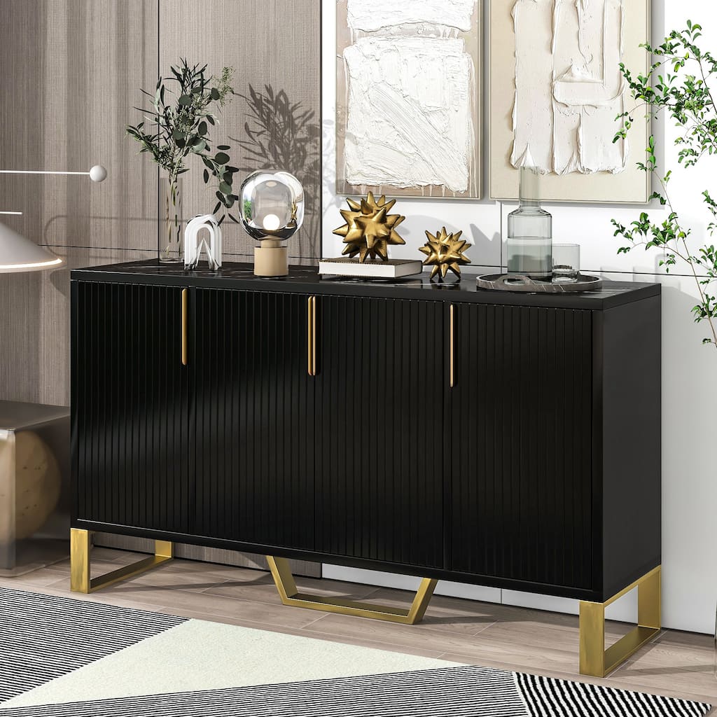60" Storage Cabinet with 4 Doors and Gold Metal Handles & Legs, Wood Sideboard Bufftet Cabinet with Adjustable Shelves