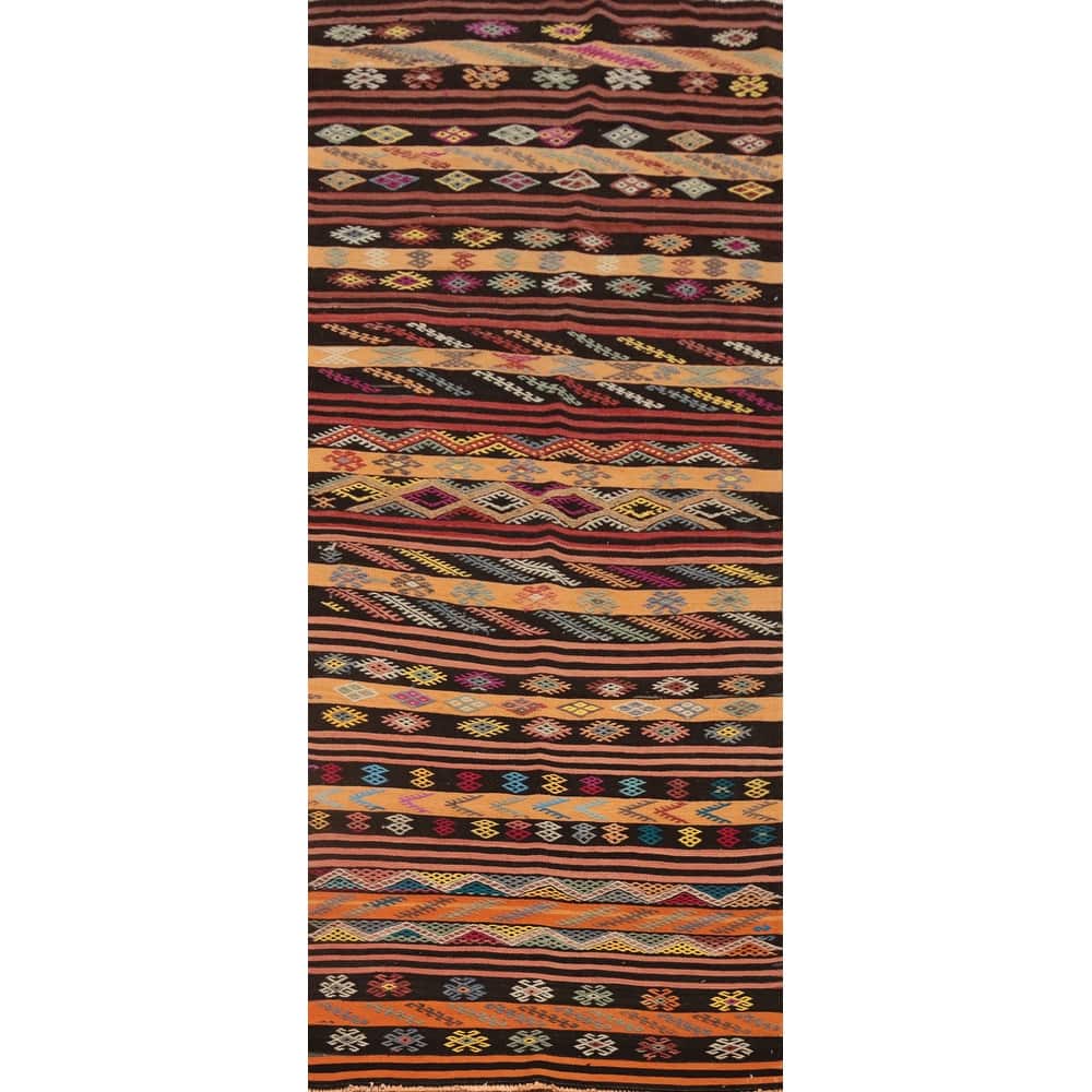Hand Woven Oriental 100% Wool Carpet Southwestern Tribal Multi-Colored Kilim Runner Rug - 10' 11'' X 3' 9''