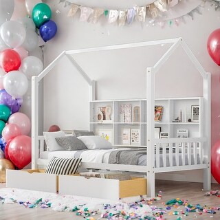 Twin Size Wooden House Bed Kids Bed with 2 Drawers and Storage Shelf