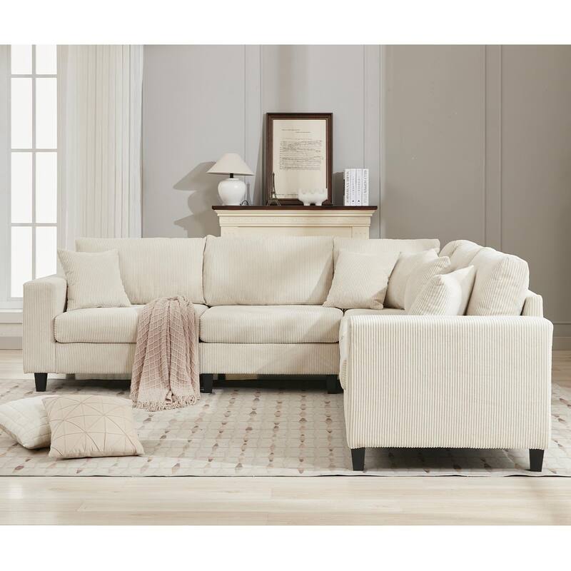 Oversized Modular Sectional Sofa Set, L Shaped, Corduroy Upholstered, 5 Seat, Beige