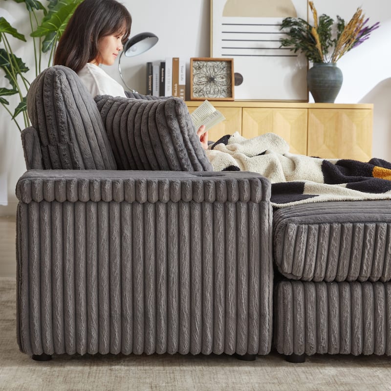 Roomfitters 84" Corduroy 3-Seater Sofa, Deep Seat Couch with 2 Ottomans, Storage, Cup Holders, 3 Back and 2 Toss Pillows