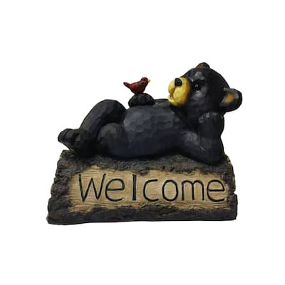 Lying Bear with Cardinal Outdoor Welcome Garden Sign - 13"