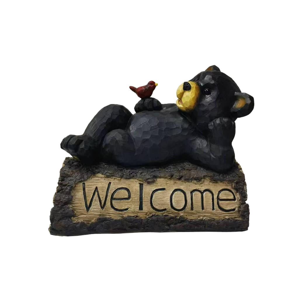 Lying Bear with Cardinal Outdoor Welcome Garden Sign - 13"