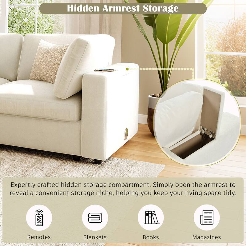 Roomfitters 133.5" Upholstered Modular Sectional Sofa with Storage Space and Built-in USB Charging for Living Room, Beige