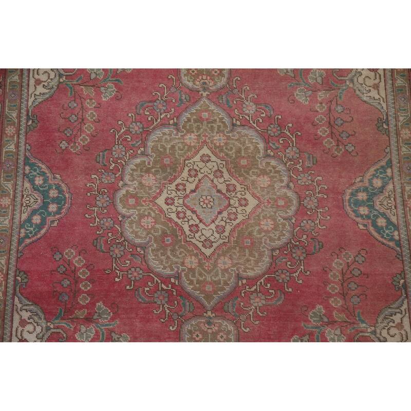 Hand Knotted Oriental 100% Wool Carpet Traditional Medallion Pink Tabriz Area Rug - 9' 6'' X 6' 3''