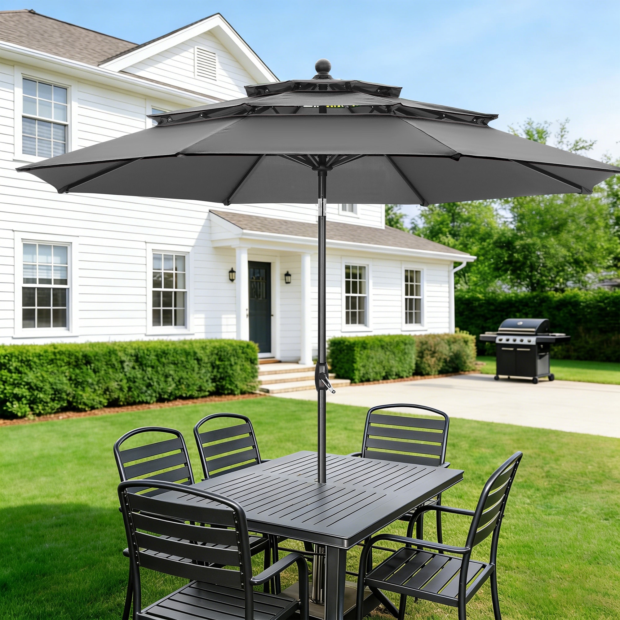 Ainfox 10 ft Patio Outdoor Umbrella with 3 Tiers and Crank Tilt Market Table Umbrella