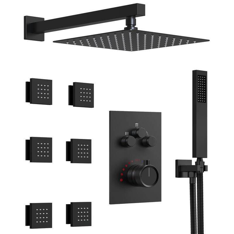 GRANDJOY Thermostatic Shower Faucet System Rainfall 12" Wall Mount Shower Faucet 6 Body Jets Handheld Spray High Pressure