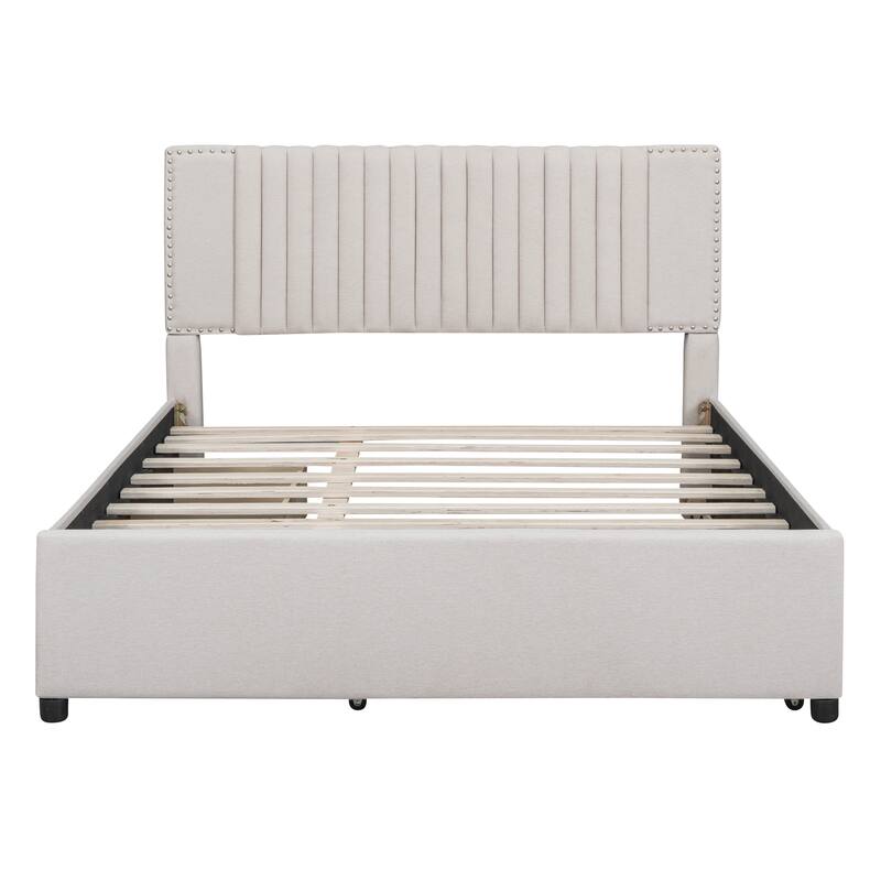 Nordic Creative Queen Size Upholstered Platform Bed with Comfy Soft Headboard Design & 2 Drawers and 1 Twin XL Trundle Bed