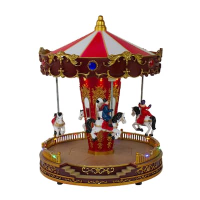 11" Red and White LED Lighted and Animated Christmas Carousel with Horses