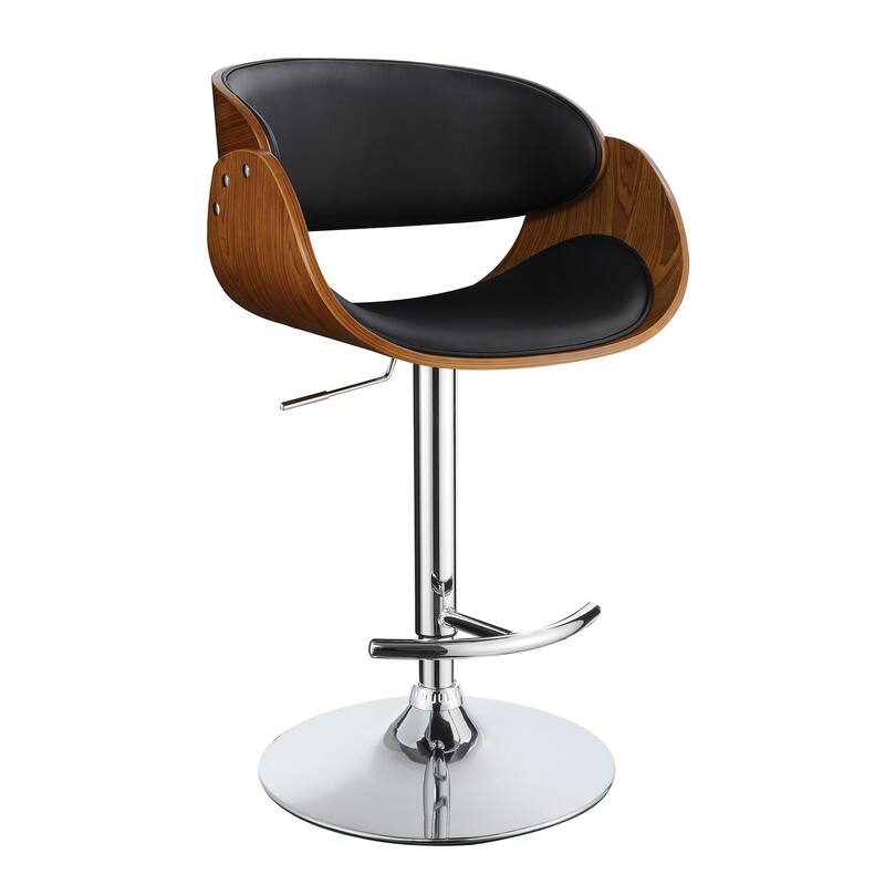 Adjustable Height Swivel Bar Stool with Chrome Base, Wooden Arms, Contemporary Counter Height Kitchen Seating