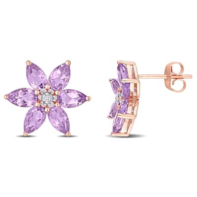 Miadora 10k Rose Gold Amethyst and Diamond Accent Floral Stud Earrings - 14 mm x 14.25 mm x 3 mm - 14 mm x 14.25 mm x 3 mm