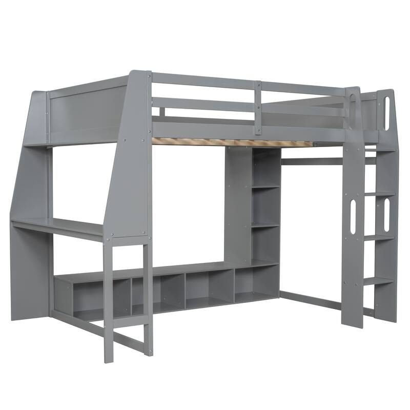 Wood Full Size Loft Bed w/Desk, Multi-storage Shelves, LED & Hanging Clothes Rack, No Box Spring Needed Wooden Support Bed Frame