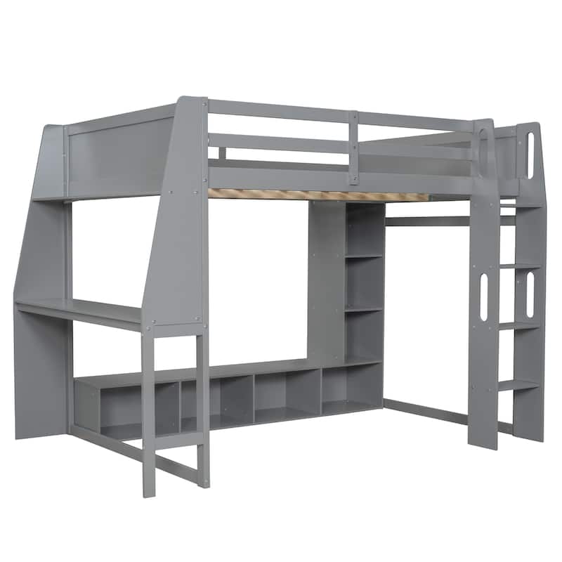 Wood Gaming Loft Bed with LED, Desk, Cabinets, Clothes Rack聽