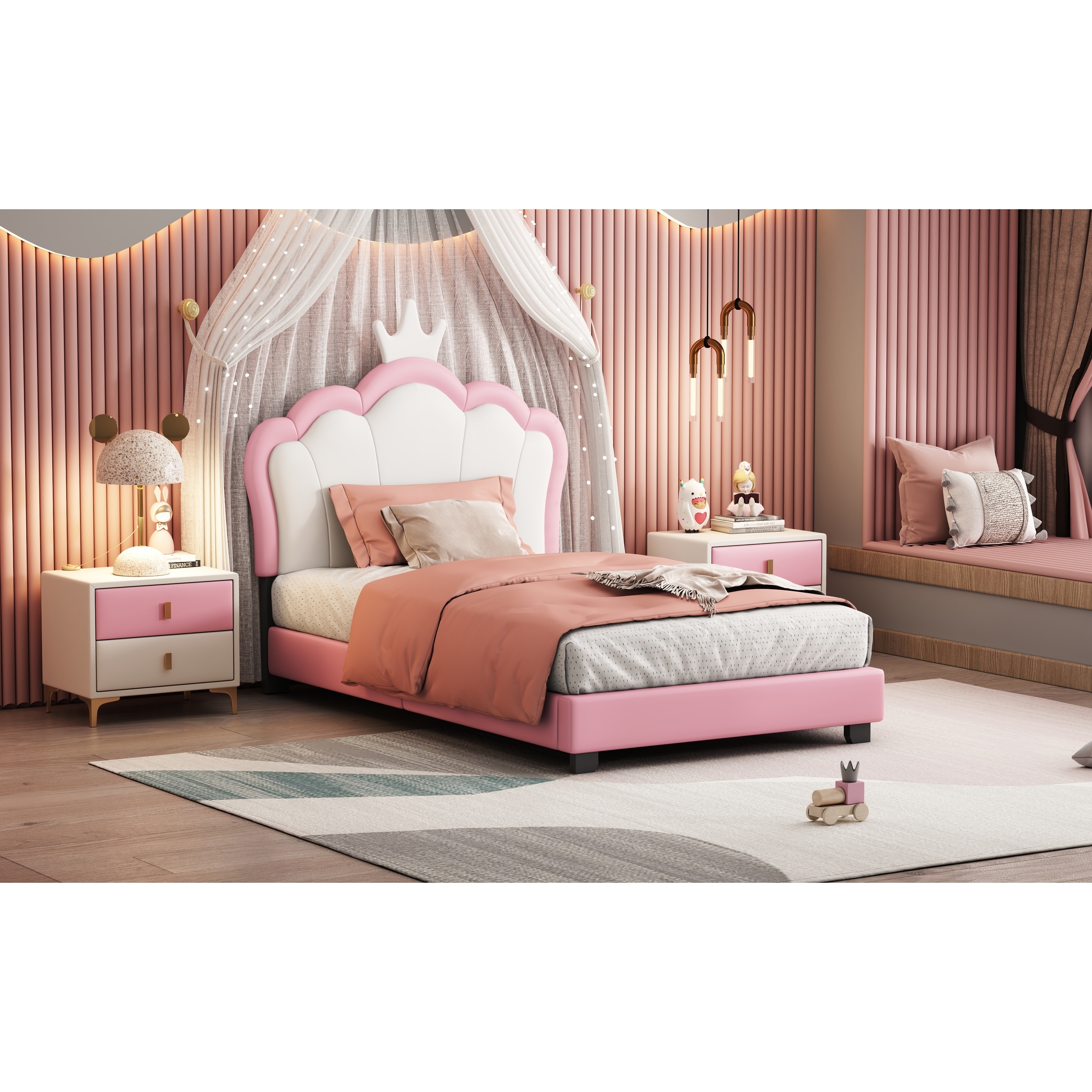 Cute Crown Headboard Upholstered Bed Princess Bed Platform Bed White Twin