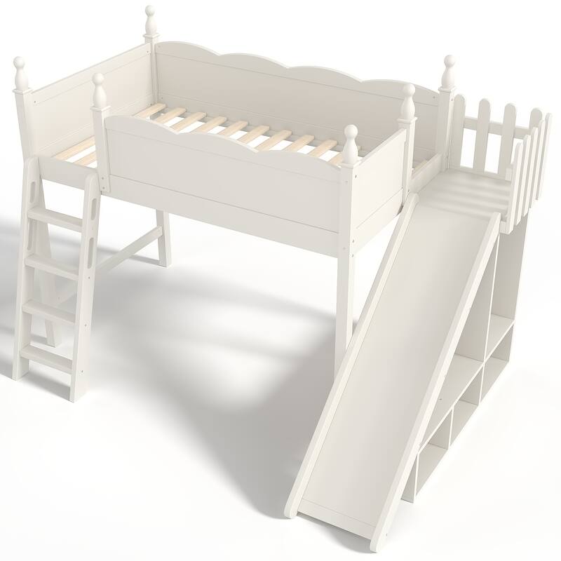 Twin Loft Bed with Storage Shelves and Wardrobe, Solid Wood Loft Beds with Detachable Slide and Ladders, No Spring Box Needed