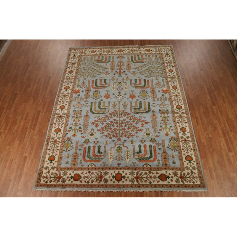Light Blue Geometric Oushak Indian Area Rug Hand-Knotted Wool Carpet - 9'0"x 11'9"