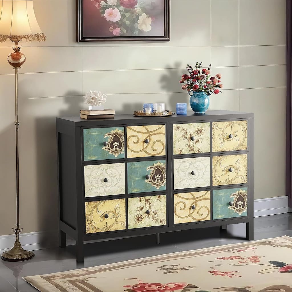 Retro Pattern 6 Drawers Dresser for Bedroom, Living Room, Hallway