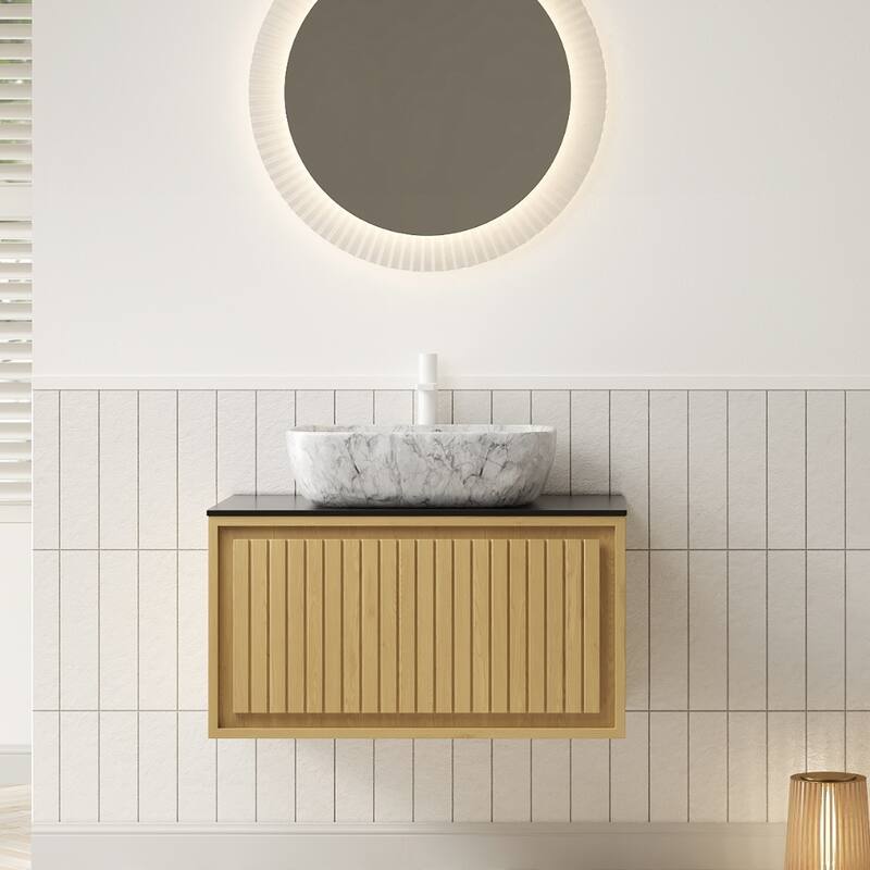 GDFStudio - Kolas Modern 30" Floating Bathroom Vanity, Corolla Oak Finish & Black Sintered Stone Countertop, WITHOUT Faucet - Grey Vessel