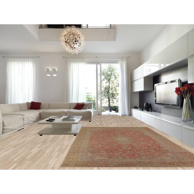 Distressed Mashad Persian Vintage Rug Hand-Knotted Floral Wool Carpet - 8'10"x 13'10"