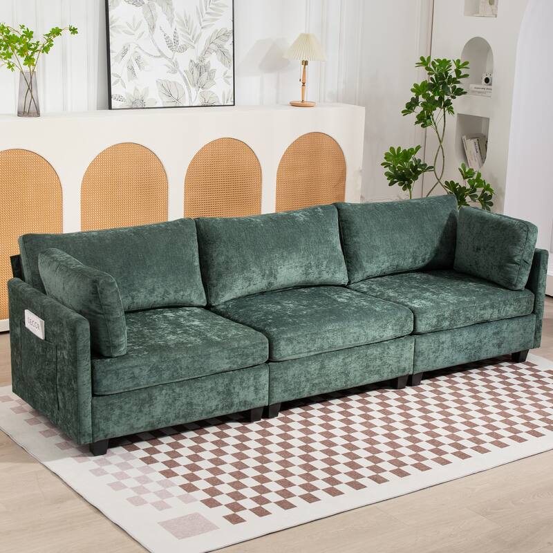 Chenille Upholstered 3 Seater Sofa, Cloud Sofa with 2 Pillows, Deep Seat Sofa with Storage Pocket for Living Room, Apartment