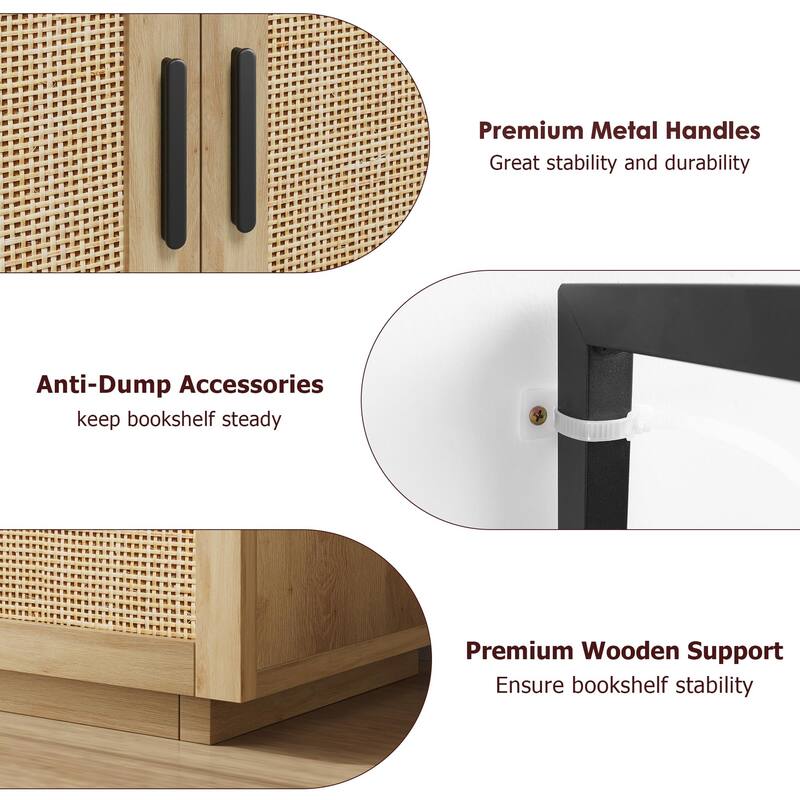 Ail 5 Tier Rattan Bookshelf with Storage Cabinet and door - 43.3"D x 11.8"W x 71.1"H