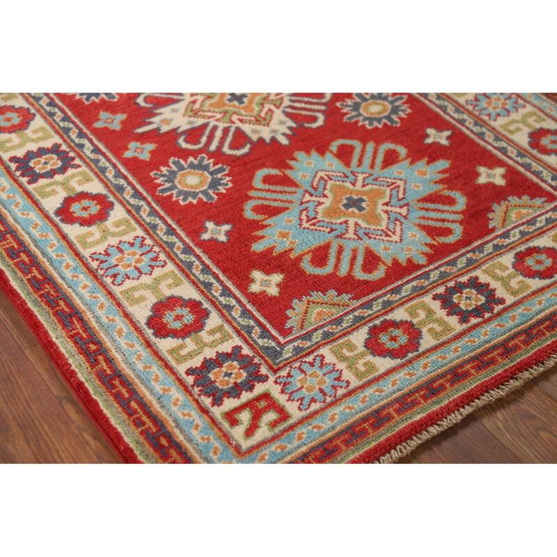 Red Kazak Foyer Rug Handmade Geometric Wool Carpet - 2'9" x 3'10"