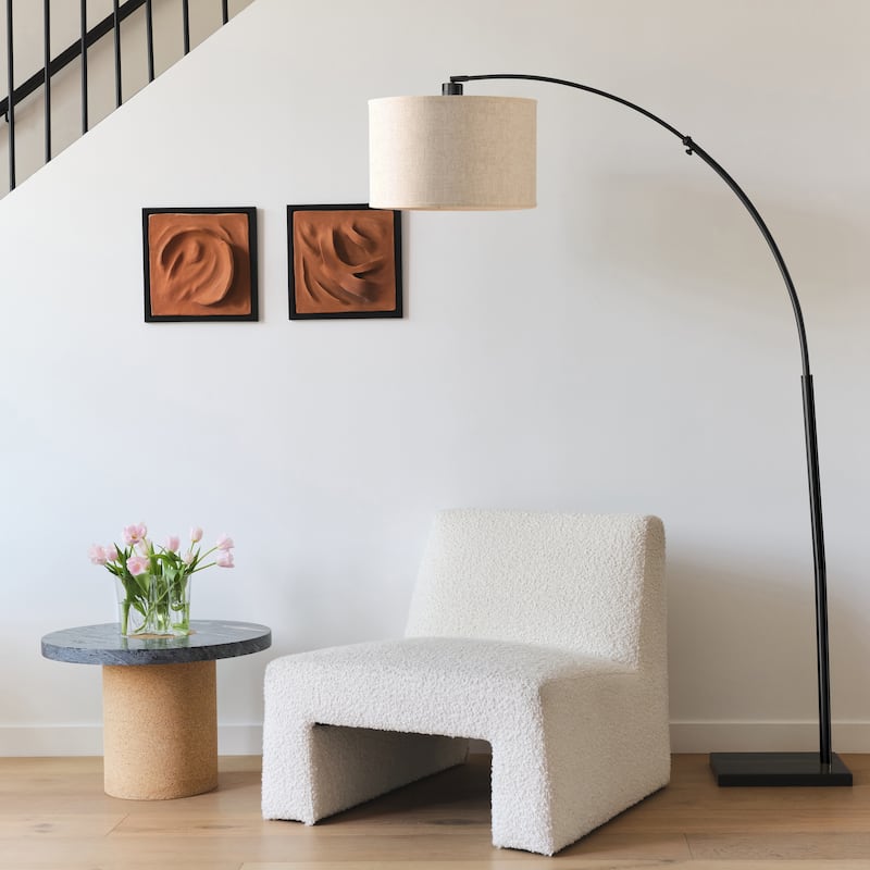Brightech Logan 76 in. Classic Black Modern Adjustable and Extendable LED Floor Lamp with Beige Fabric Drum Shade