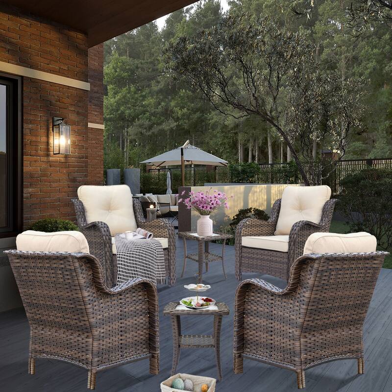 6 Piece Outdoor Wicker Rattan Patio Conversation Furniture Chairs Sets - Cream-Brown Rattan