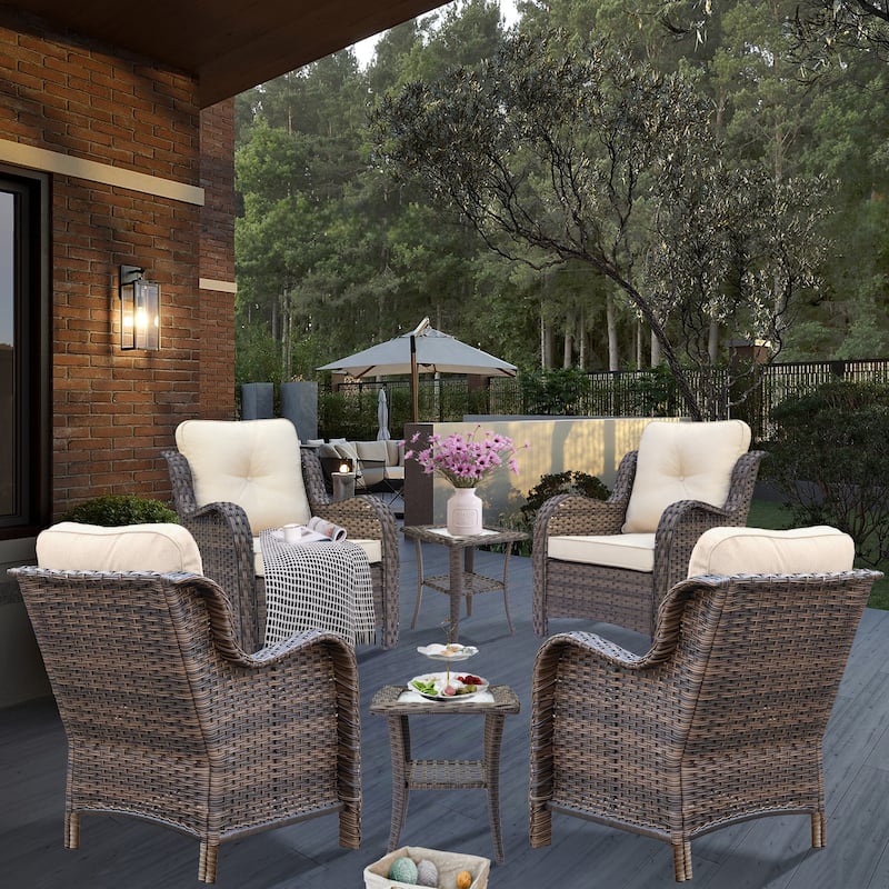 Outdoor Brown Wicker Patio Furniture Seating Sets with Beige Cushions - 6 Piece-2