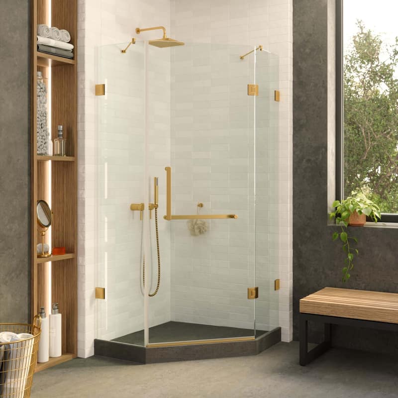 Fine Fixtures Shower Enclosure Neo Angle Frameless Tempered Glass - 40" x 40" - Satin Brass