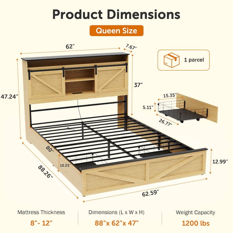 Farmhouse Storage Bed Frame with Storage Headboard, Charging Station and LED Lights, Optional Platform Bed with Drawers