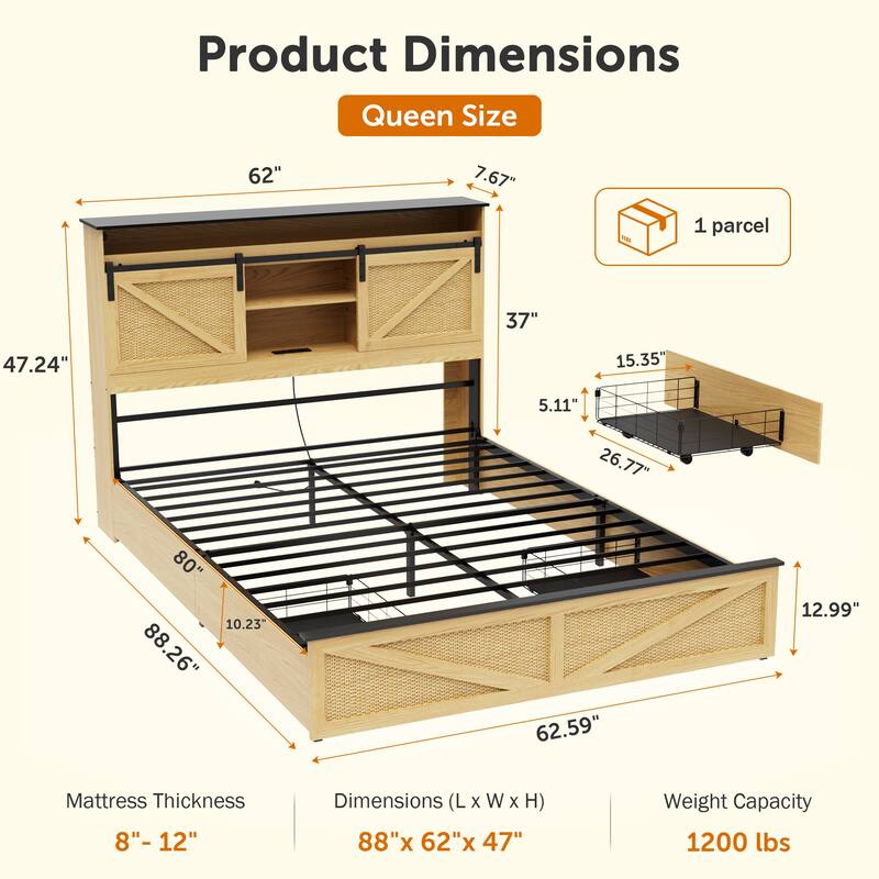 Natural Storage Bed Frame with 2 Drawers and Bookcase Headboard, Sliding Barn Door Storage Shelves, LED Lights, Charging Station