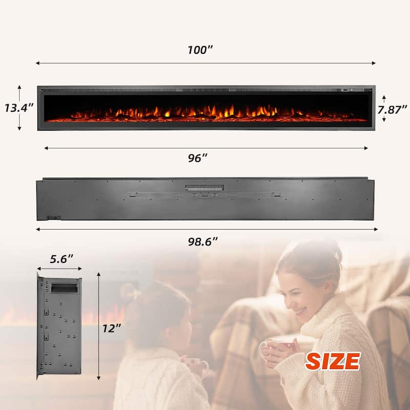 100'' Electric Fireplace Inserts, Recessed and Wall Mounted Fireplace with Timer, Remote Control, Adjustable LED Flame - 100"