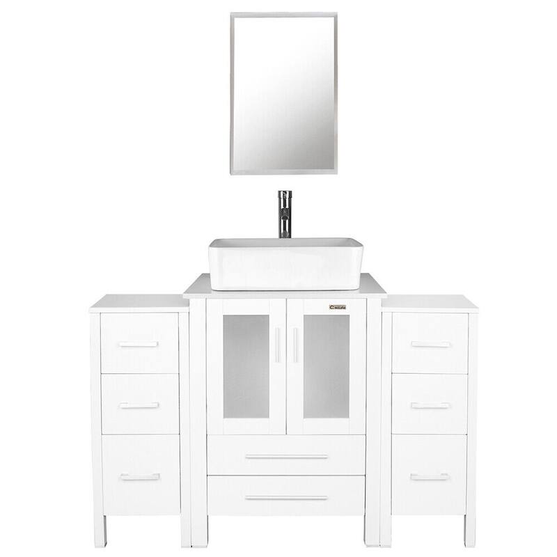 48" Bathroom Vanity Set Vessel Sink Mirror Faucet W/ Small Cabinet Combo - white ceramic rectangular sink - White