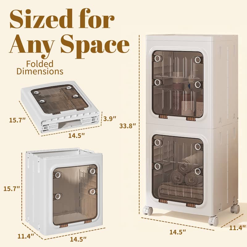 Javlergo 2-Tier White Foldable Stackable Narrow Storage Bins ABS Waterproof Storage Cabinet for Living Room Bedroom Bathroom